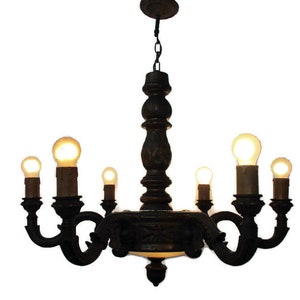 Hand Carved Wooden Glass Chandelier Ornate 6 arm Country Farmhouse Barn Style