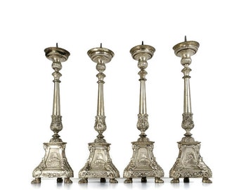 Set of 4 Altar Large Brass Silverplated Candle Sticks Candle Holders Antique 17th C WOW