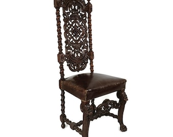 Antique Barley Twist Hand carved Wood Chair Leather Seating Ornate lion Heads Gothic WOW