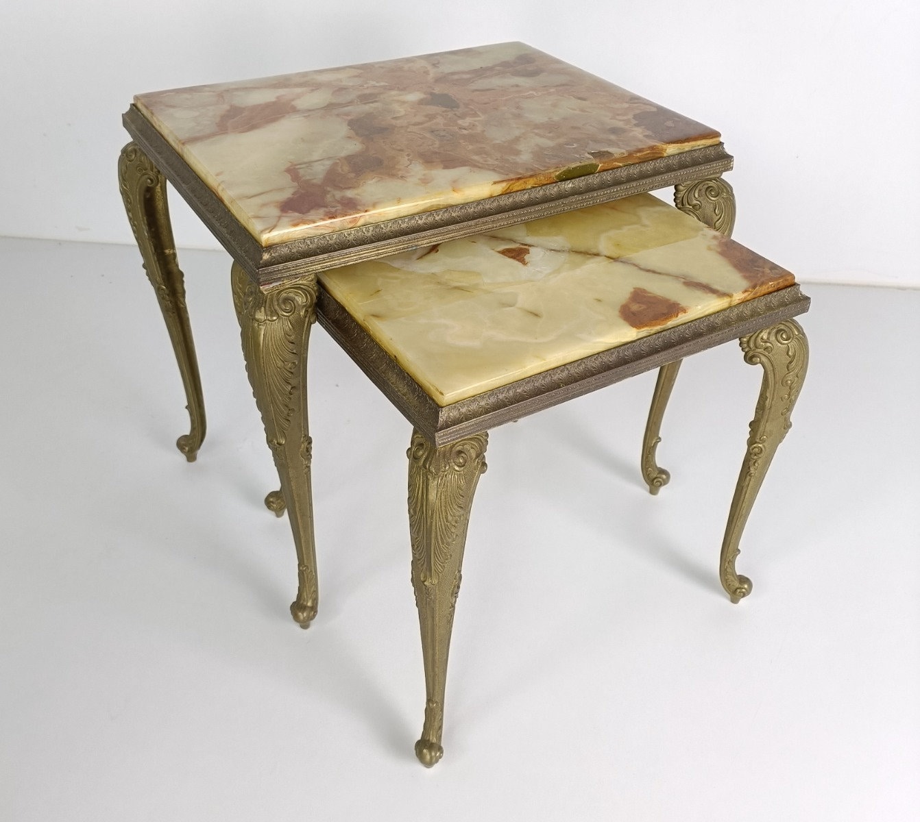 Stacking Stone Table Two Nesting Stacking Side Tables Hollywood Regency Marble Top Brass ...