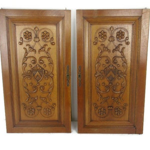 Pair  Hand Carved Wooden  Door Panels Reclaimed Architectural Medieval Style Flowers and Shields