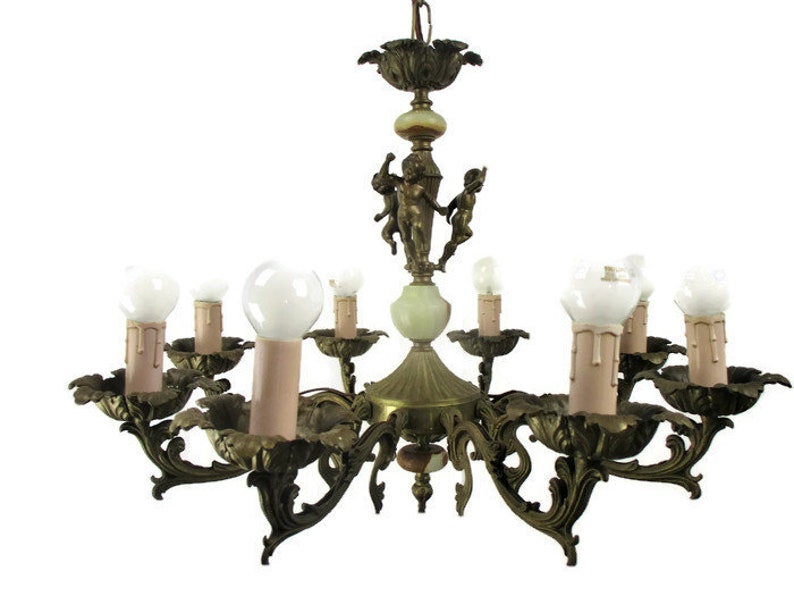 French Hollywood Regency Chandelier Light Ornate 8 Arm Putti Angels Brass Marble