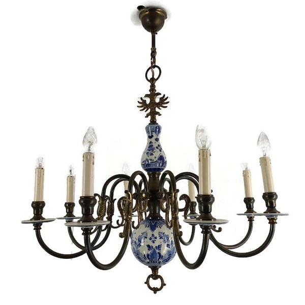 Lustre bleu blanc, porcelaine de Delft, laiton orné de 8 lampes, style campagnard, Pays-Bas