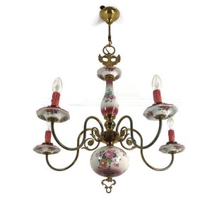 Chandelier 5 Arm Lights Brass Porcelain Flowers Italian Italy Fixture Lamp Vintage Romantic