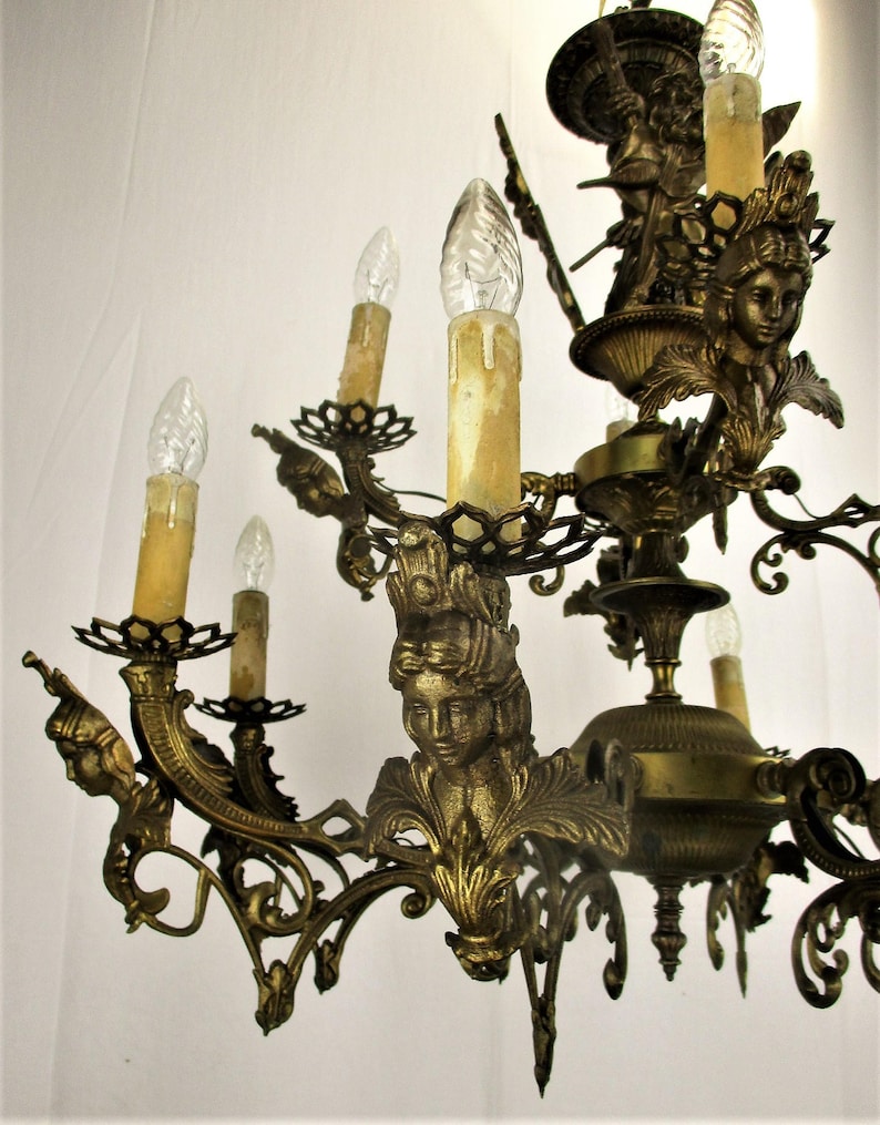 Large French Impressive 12 Arms Lights Castle Medusa Chandelier Lion Heads HTF image 6