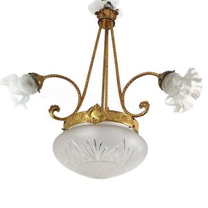 Antique Art Deco Chandelier French brass & etched Glass, 1920s Lighting 3 arm 4 lights