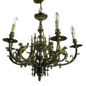 18-19th Century Impressive Gothic Bronze Castle Empire Chandelier Dragons HTF