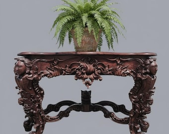 Consola de pared extragrande vintage con cariátides y sirenas mitológicas talladas en madera ornamentada.