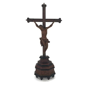 Standing Crucifix Cross hand Carved Wood Wooden Art Piece Corpus French Magnificent large Antique