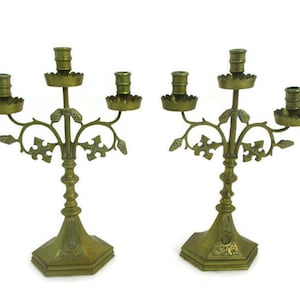 Couple Candle Holders Brass Leafs Ornate Religious Church Candelabra 3 arm
