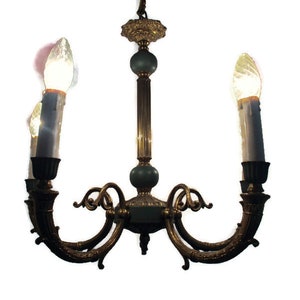 French Empire Chandelier Green Tole Brass 5 arms Hollywood Regency Beautiful