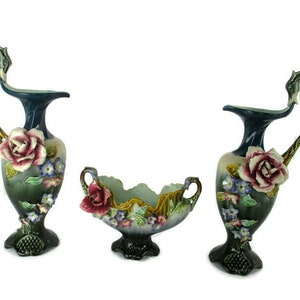 Set of 3 French Barbotine Majolica Vases Planters Centerpiece Pitchers Art Nouveau  Ducks