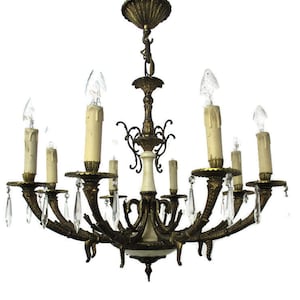 Impressive Chandelier Bronze Marble 8 Lights Arm Ornate Prisms Hollywood Regency