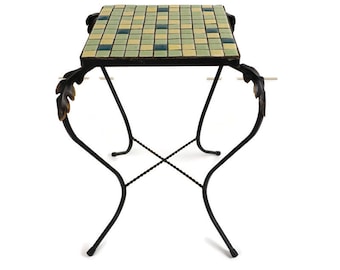 Petite table d'appoint vintage, support pour plante, carreaux de mosaïque, carreaux de mosaïque en fer forgé