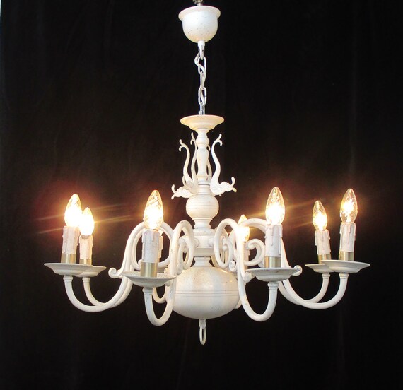 White Vintage Flemish Dutch Chandelier 8 Arm Lights Barn Country