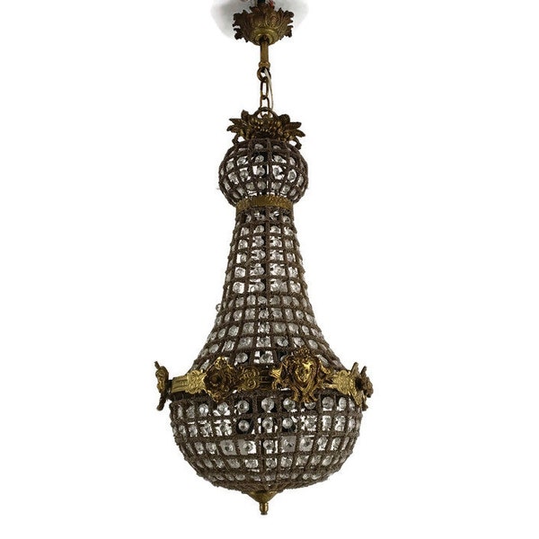 Magnifique pendentif lustre en perles spaghetti Sac O Perle, prismes de cristal 4 lumières Laiton métal