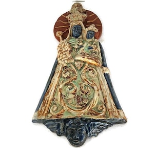 große Vintage Keramik Wandbehang Madonna mit Jesuskind Engeln schön