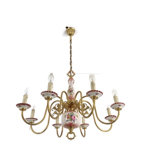 Chandelier 8 Arms Lights Ceramic Porcelain Ceramic Brass Italian Pink Flowers