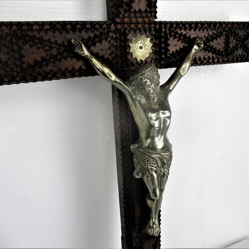 Large shops Tramp Trench Tramp Folk art Hanging Hand Carved Wooden Crucifix Spelter