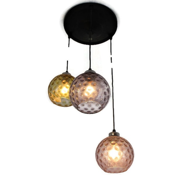 Lustre à suspension vintage rétro en verre coloré bullé, 3 lumières