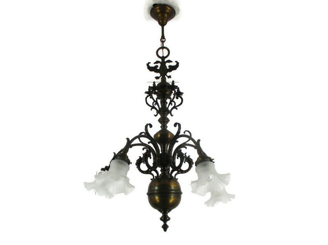 Antique Flemish Dutch Double Chandelier 5 Arms Lights Bronze Brass