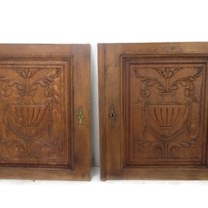 Pair Antique Hand Carved Wood Door Panels Reclaimed Architectural Flower Baskets