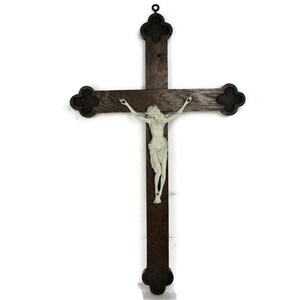 XL Hand Carved Wood French Hanging Ornate Crucifix Bisque Corpus Jesus 28.74&quot;