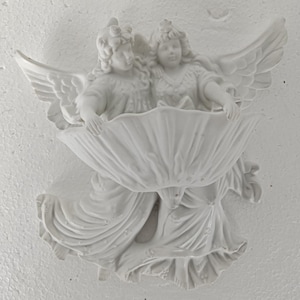 Bisque porcelain antique Holy water font Vessel Angels gorgeous Christianity