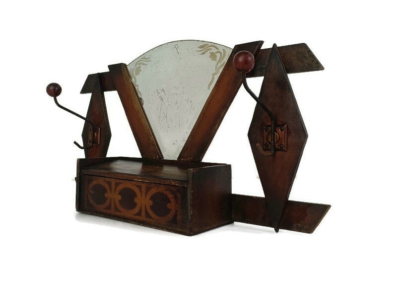 Vintage Meuble Mural Suspendu Porte-Manteau Couloir Rasage Salle De Bain Bois