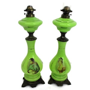 Pair antique Opaline Table oil lamp Burner with Glass Chimney Napoleon and Josephine 1920s green