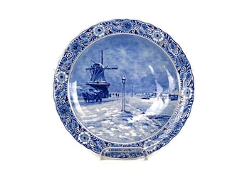 Vintage Charger Plate Delft Blue White de Porceleyne Fles Hand Painted Winter Landscape