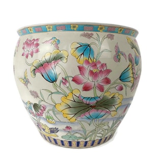 XL Vintage Chinese Porcelain Enamel Koi Fish Bowl Planter Vase  Cachepot Flower Pot 18&quot;