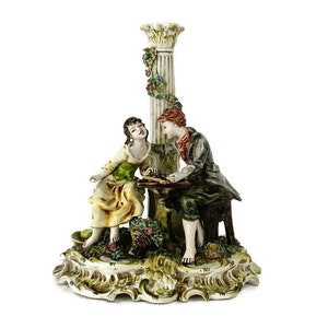 Figurine Statue  Capodimonte  Courting Couple Playing Chess  Marked exquisite Vintage
