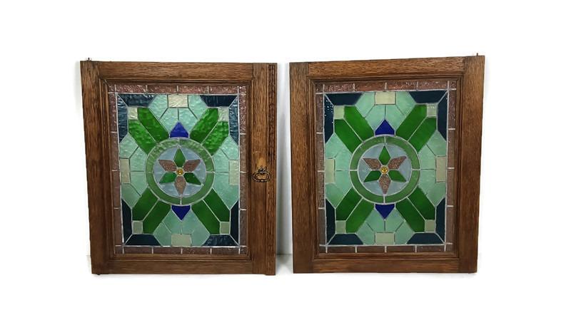 Pair Antique Leaded Glass hand Carved Wooden Door Panels Reclaimed Architectural stunning