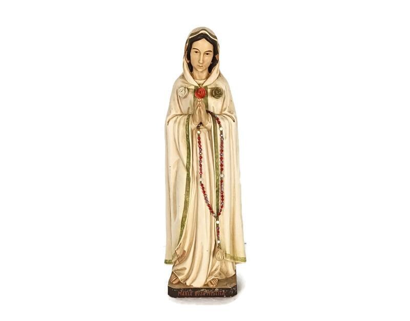 Statua Di Maria Rosa Mistica In Polvere Di Marmo - 30 Cm, Dipinta A Mano In Toscana, Per Interni Ed Esterni