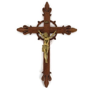 Hand geschnitztes Holz Französisch Hängen Verziertes Kruzifix Kreuz Jesus Christus Fleur de Lis Atemberaubende XL