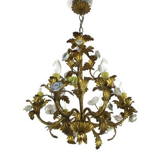 Regency Chandelier 6 arm Lights Ornate Brass Leafs Porcelain Flowers Italian