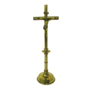 XL Antique Standing Altar Church Chapel Crucifix Cross 1900 Brass Jesus Christ