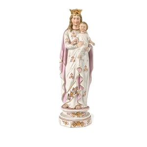 Estatua antigua de porcelana Bisque Virgen María Virgen con niño pequeño rosa pastel antigua