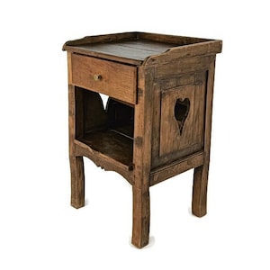 antique French country 19th century Oak  Bedside table nightstand drawer Heart detail