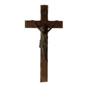 Große handgeschnitzte Holz hängenden Kruzifix Jesus Christus Kreuz Vintage Fronleichnam Spelter