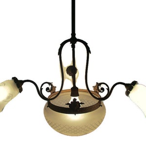 Art Nouveau Deco Etched Glass Shade French Chandelier 4 Lights Stylish Elegant