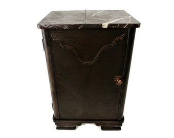 Antique Art Deco Art Nouveau Brown Marble top Side Cabinet Table Nightstand Stunning hand Carved Wood
