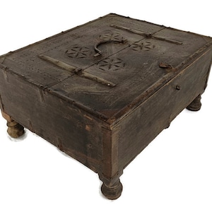Antique Rajasthani Footed Chest Box India 1900&#39;s Spice Salt Box Ornate Carved Wood