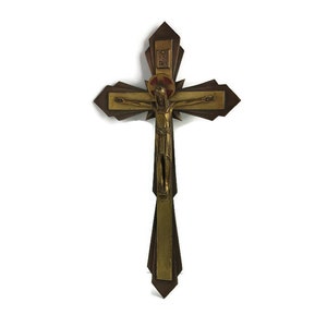 ornate Hanging Crucifix brass Cross Enamel halo vintage Corpus Christi Jesus Christ