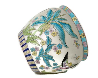 Vintage Chinese Porcelain Enamel Koi Fish Bowl Planter Vase Birds Flowers Cachepot Butterflies and Birds 12&quot;