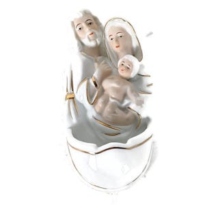 vintage porcelain holy water font, vessel, Holy Family wall hanging Christianity