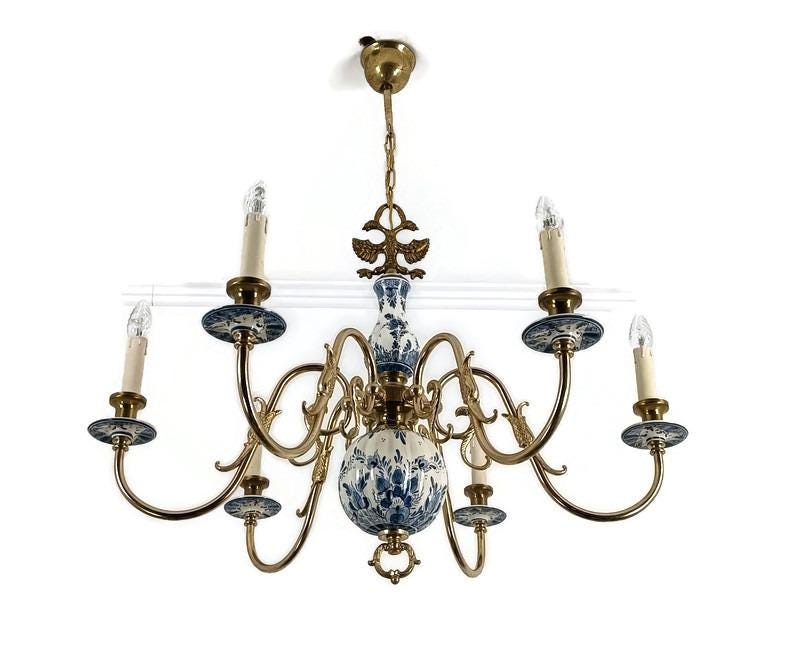 6 arm lights Delft Blue White chandelier eagles fish hand painted brass ornate farmhouse lovely