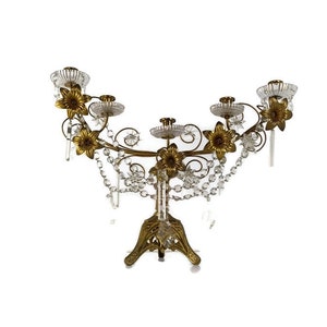 Antique Brass Hollywood regency Floral Candle Holder Candelabra Church Crystal Prism