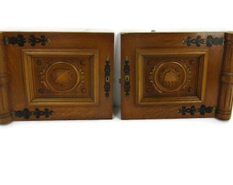 Pair Vintage Carved Wood Door Panels Breughel Style Architectural Salvaged 40s